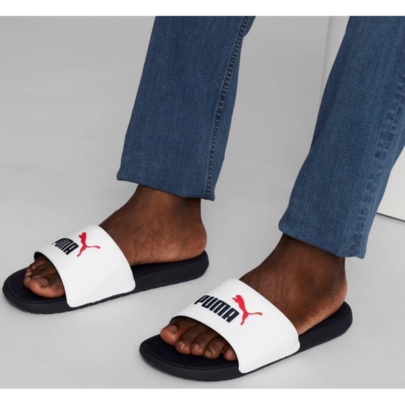 Puma Big Boy White and Black Slide Sandals with Red Logo - Picture 1 of 2